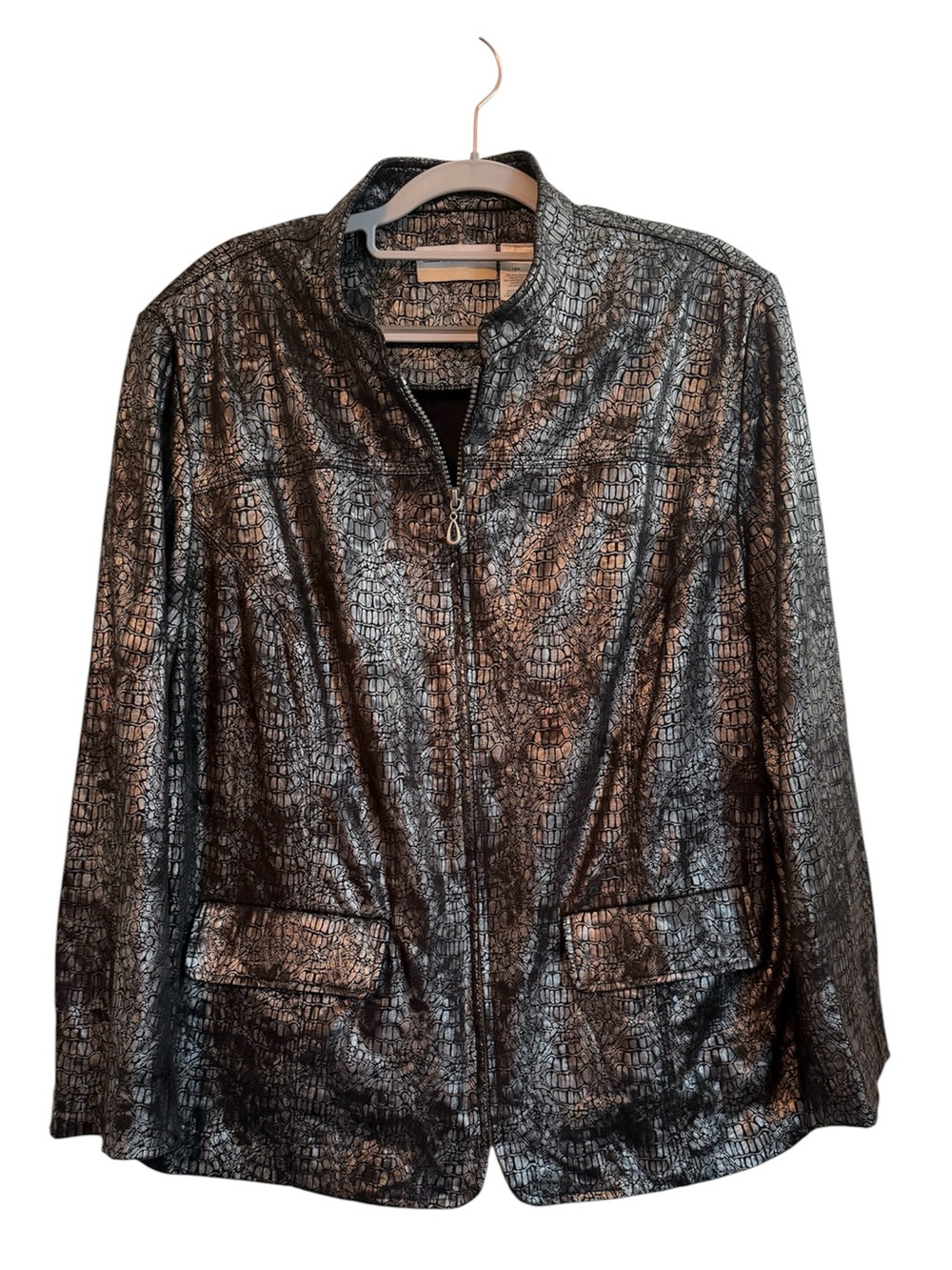 Alfred Dunner Metallic Black Croc-Embossed Zip-Front Jacket